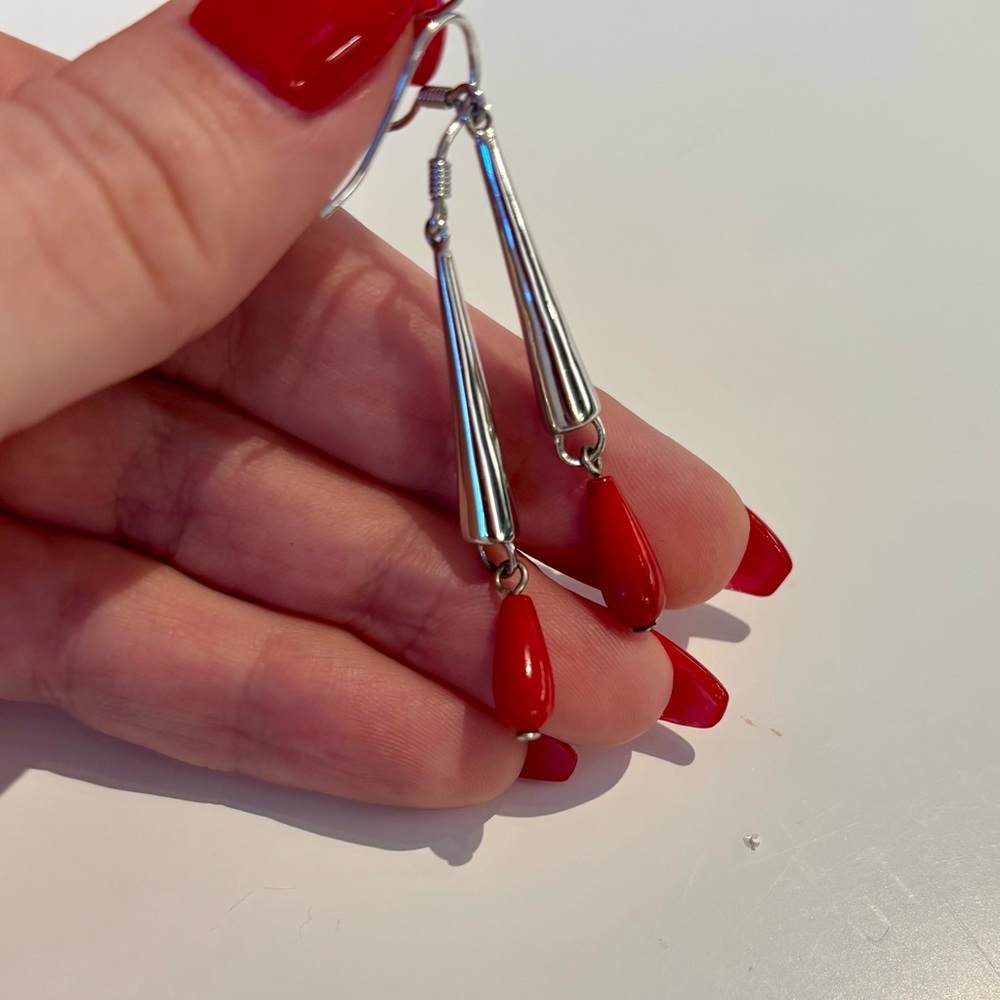 Silver & Red Drop Earrings – Elegant Dangle Statement Earrings - Picture 3 of 4